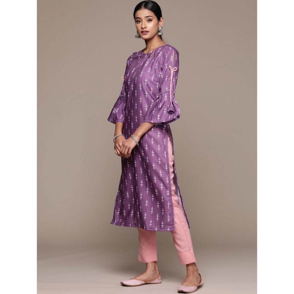 Shopper Beast Women's Casual 3-4Th Sleeve Ethnic Motifs Rayon Kurti And Pant Set (Lavender)