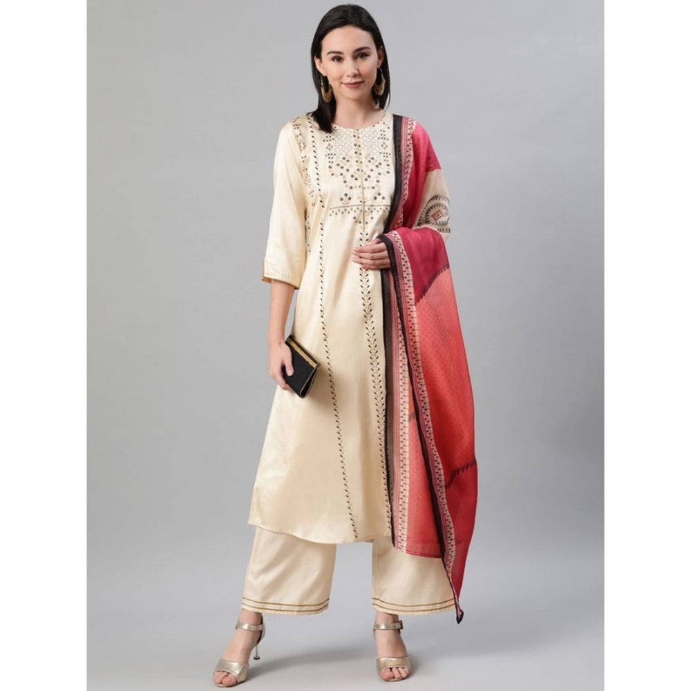 Shopper Beast Women's Casual 3-4Th Sleeve Ethnic Motifs Poly Silk KurtiPalazzo And Dupatta Set (Cream)