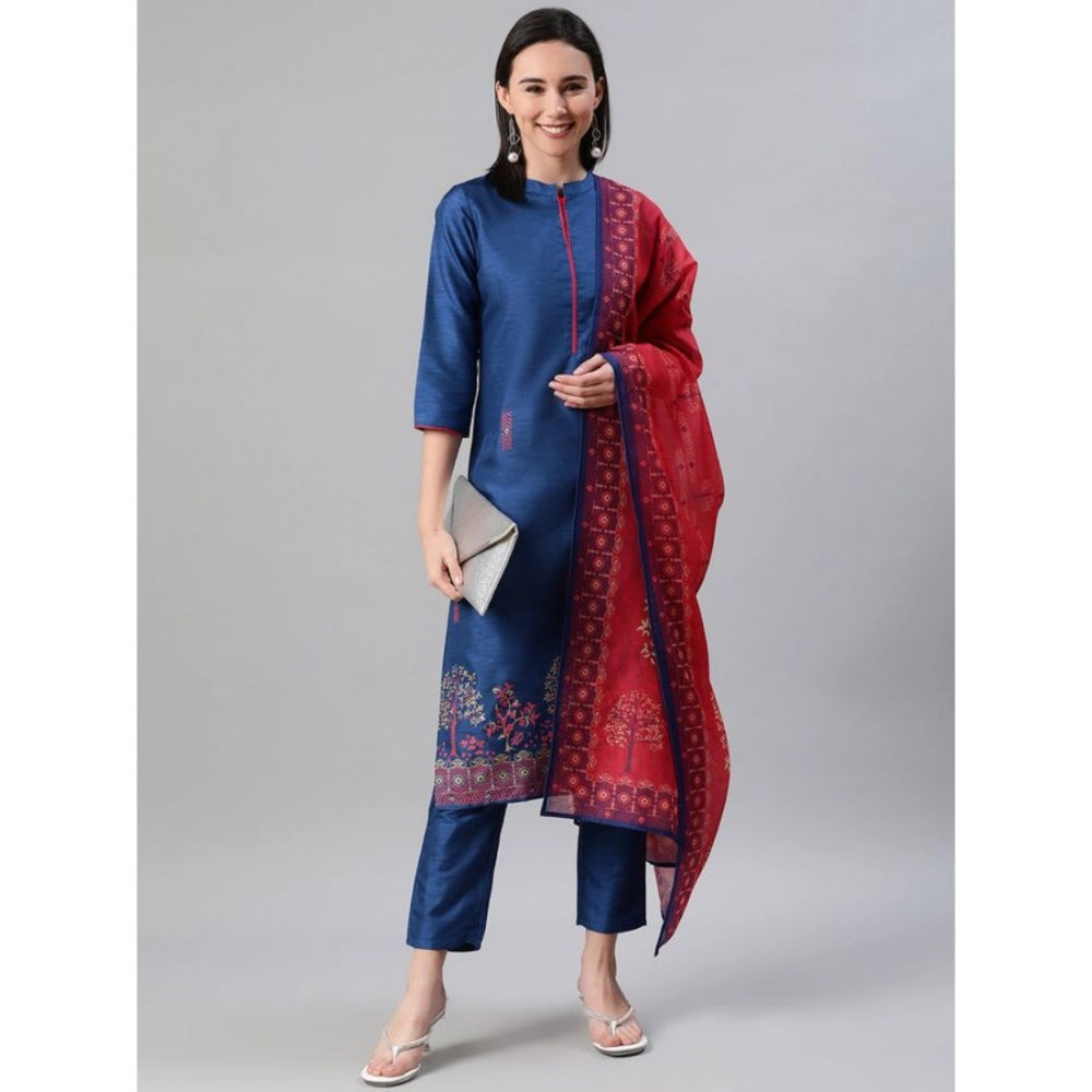 Shopper Beast Women's Casual 3-4Th Sleeve Floral Printed Poly Silk Kurti Pant And Dupatta Set (Blue)