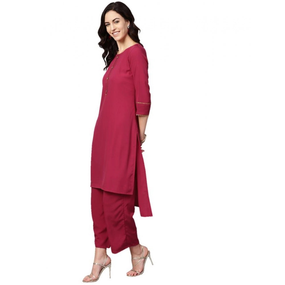 Shopper Beast Women's Casual 3-4Th Sleeve Solid Crepe Kurti And Palazzo Set (Pink)