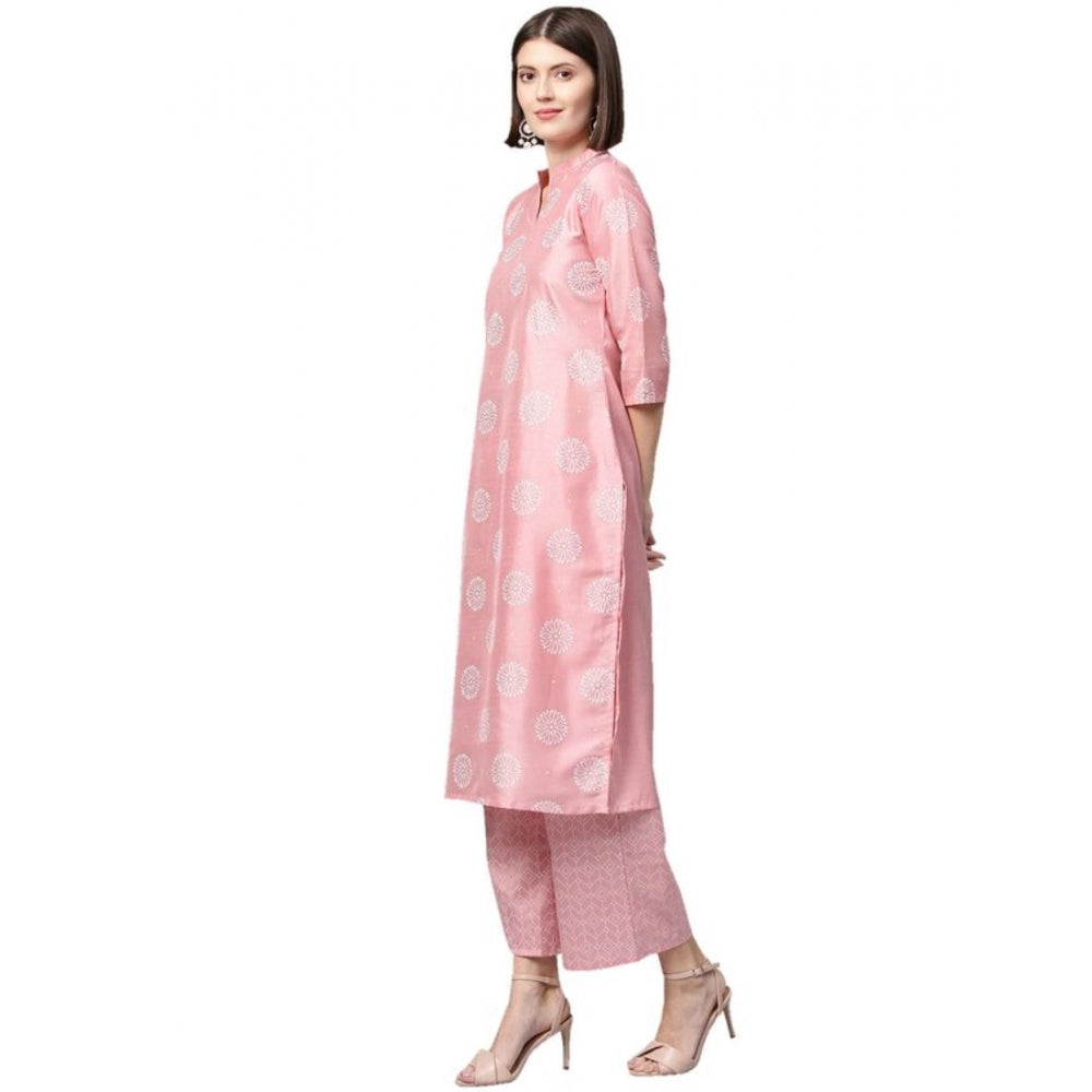 Shopper Beast Women's Casual 3-4Th Sleeve Floral Printed Poly Silk Kurti And Palazzo Set (Pink)