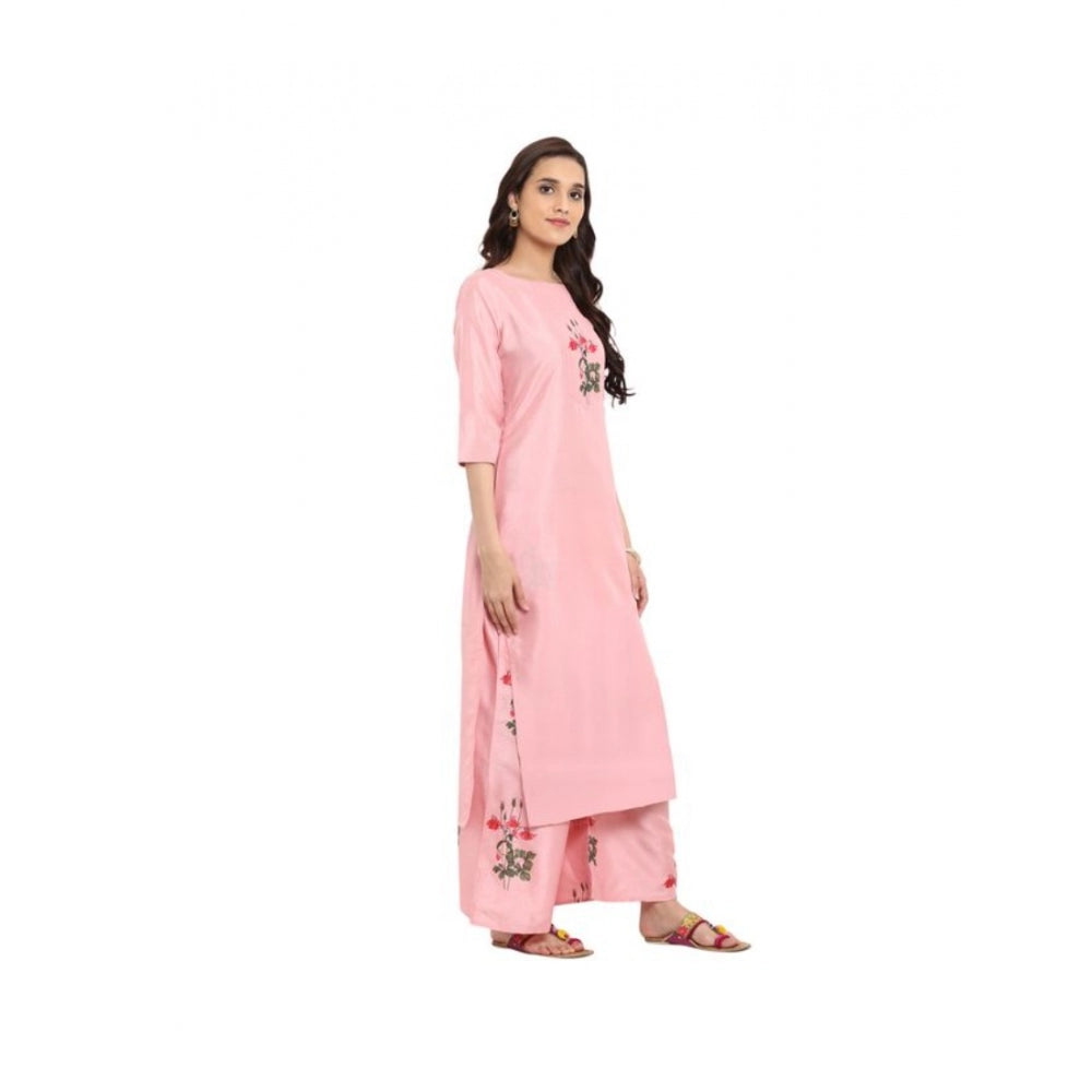 Shopper Beast Women's Casual 3-4Th Sleeve Floral Printed Poly Silk Kurti and Palazzo Set (Pink)