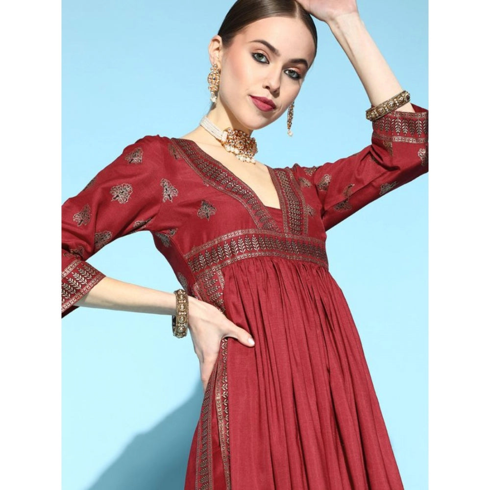 Shopper Beast Women's Casual 3-4Th Sleeve Floral Printed Chinon Kurti And Pant Set (Maroon)