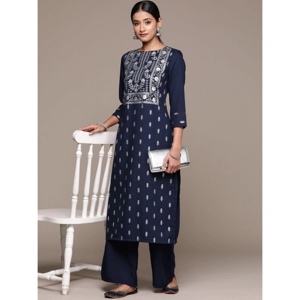 Shopper Beast Women's Casual 3-4Th Sleeve Floral Printed Rayon Kurti and Palazzo Set (Navy Blue)