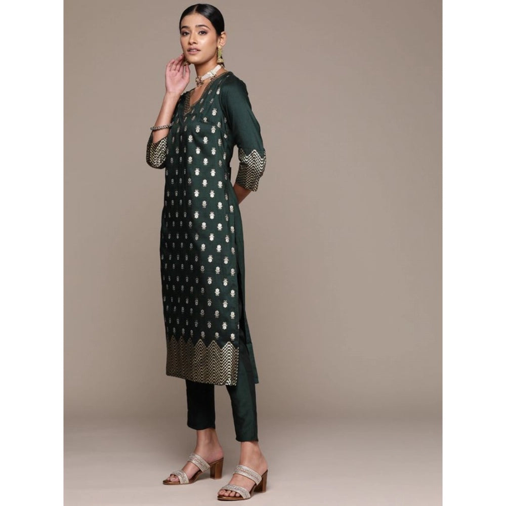 Shopper Beast Women's Casual 3-4Th Sleeve Floral Printed Chinon Kurti And Pant Set (Bottle Green)