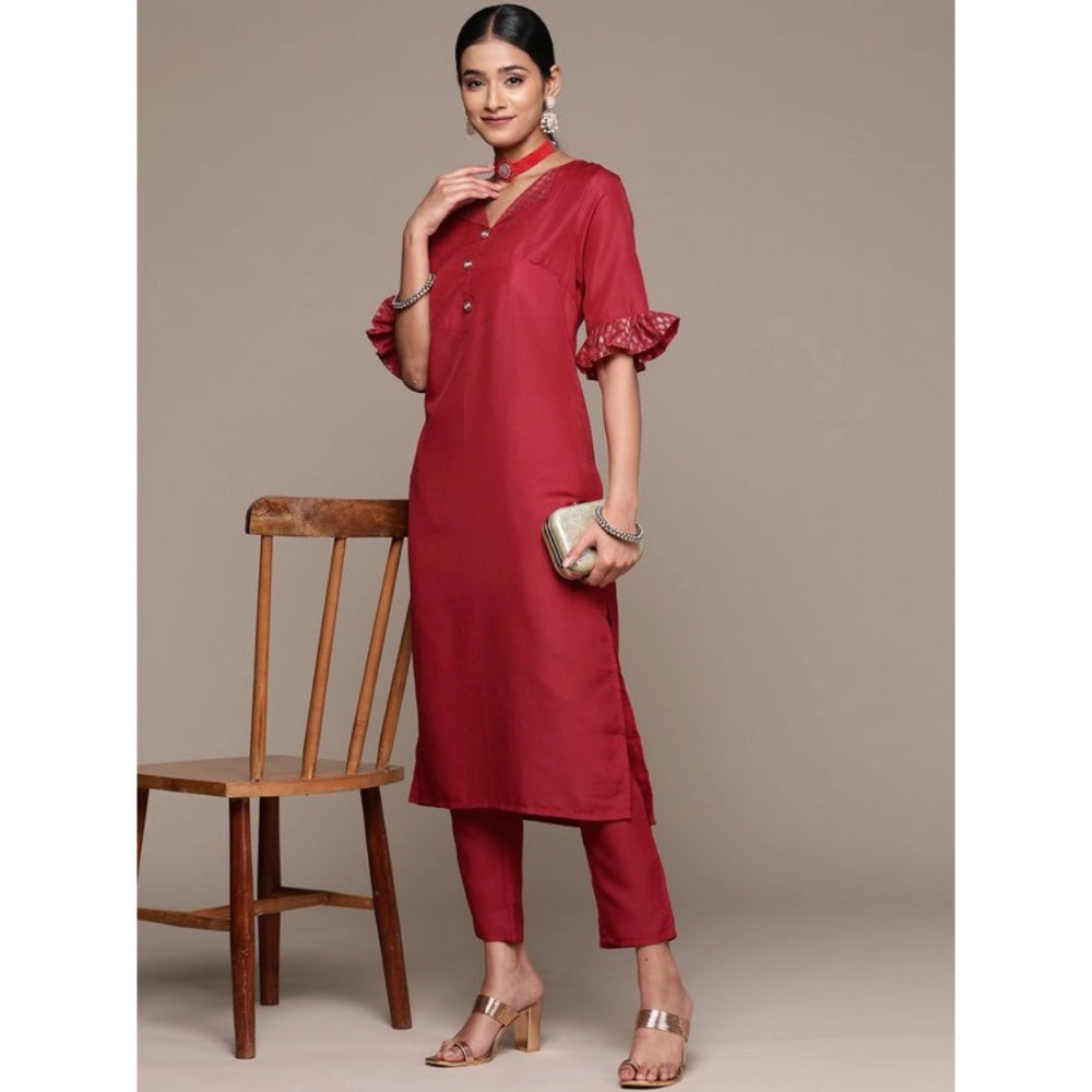 Shopper Beast Women's Casual Half Sleeve Solid Chinon Kurti and Pant Set (Maroon)