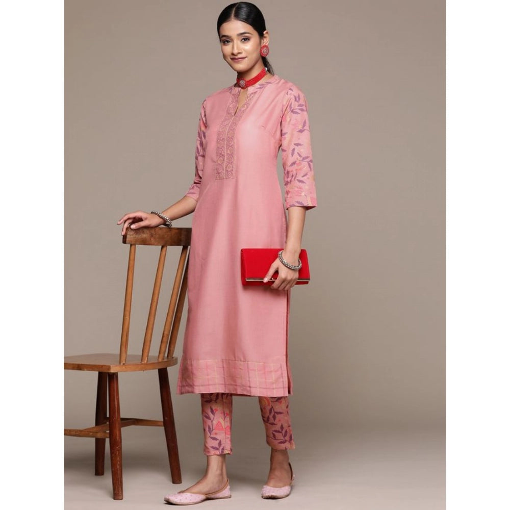 Shopper Beast Women's Casual 3-4Th Sleeve Geometric Chinon Kurti and Pant Set (Peach)