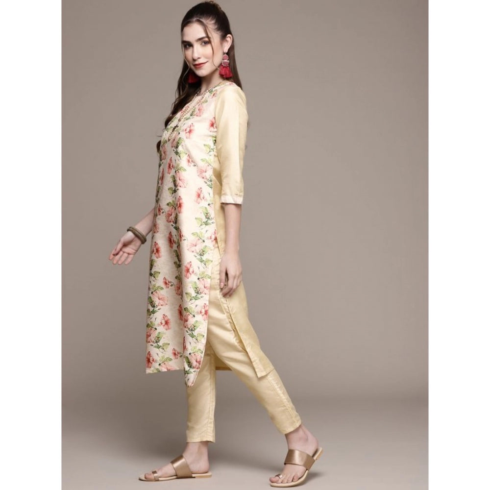 Shopper Beast Women's Casual 3-4Th Sleeve Floral Printed Poly Silk Kurti and Pant Set (Cream)