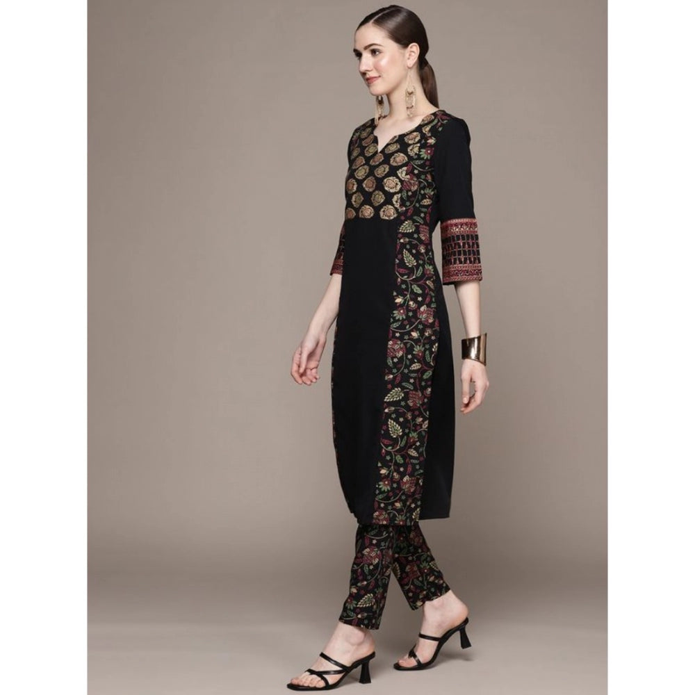 Shopper Beast Women's Casual 3-4Th Sleeve Ethnic Motifs Crepe Kurti And Pant Set (Black)