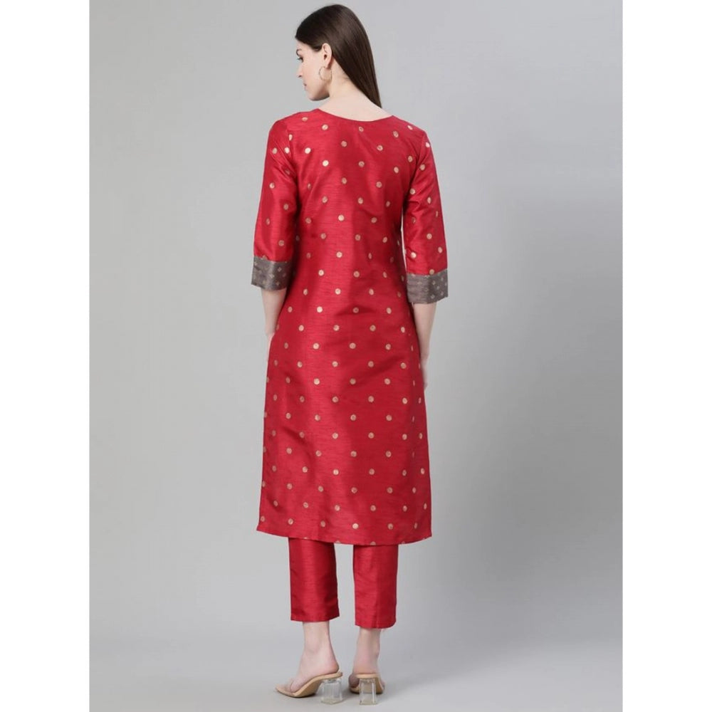 Shopper Beast Women's Casual 3-4Th Sleeve Ethnic Motifs Poly Silk Kurti And Pant Set (Red)