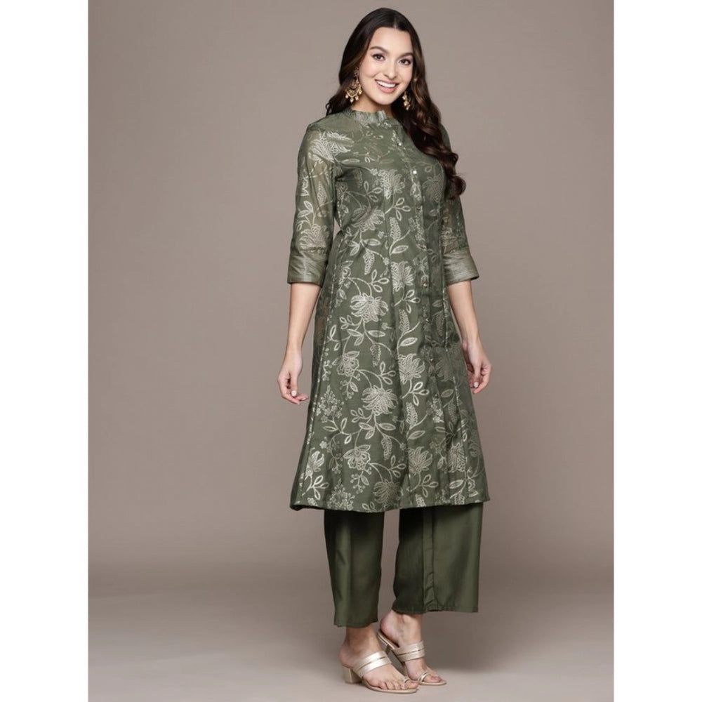 Shopper Beast Women's Casual 3-4Th Sleeve Floral Printed Chanderi Cotton Kurti Palazzo And Dupatta Set (Green)