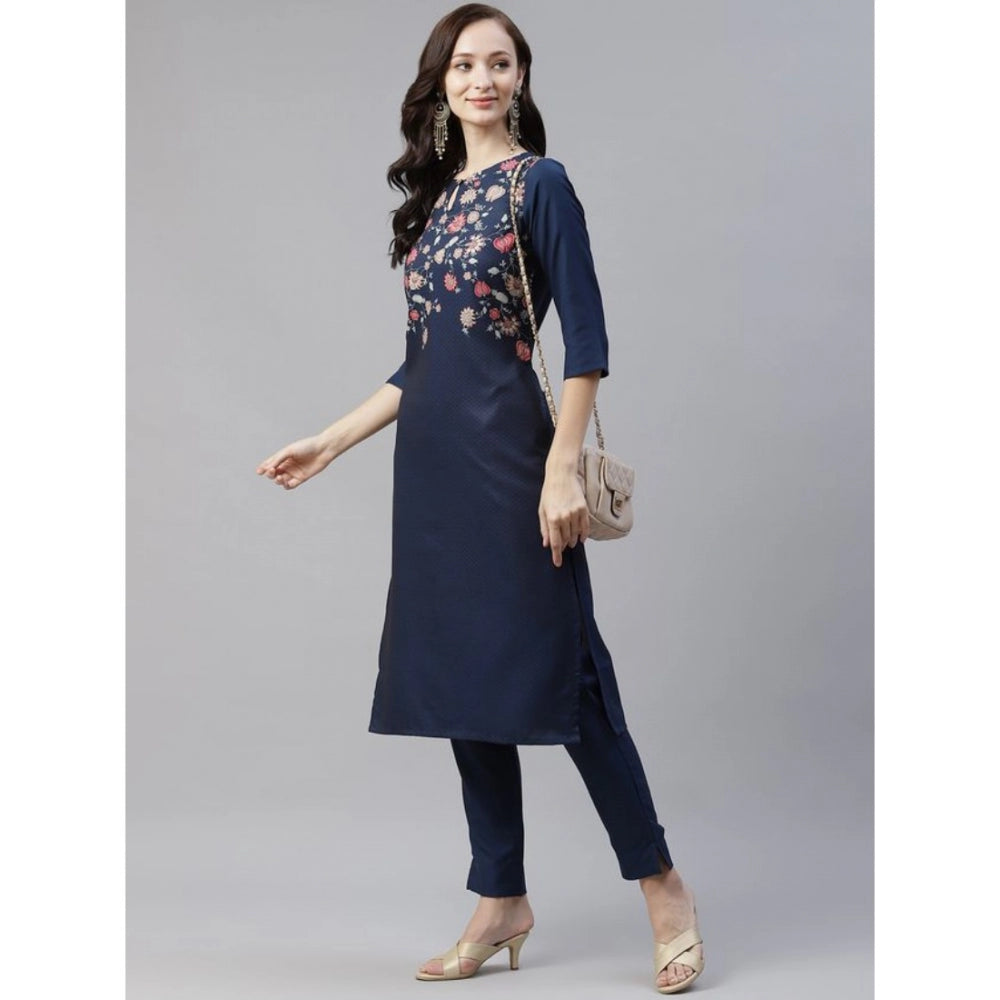 Shopper Beast Women's Casual 3-4Th Sleeve Floral Printed Rayon Kurti And Pant Set (Navy Blue)