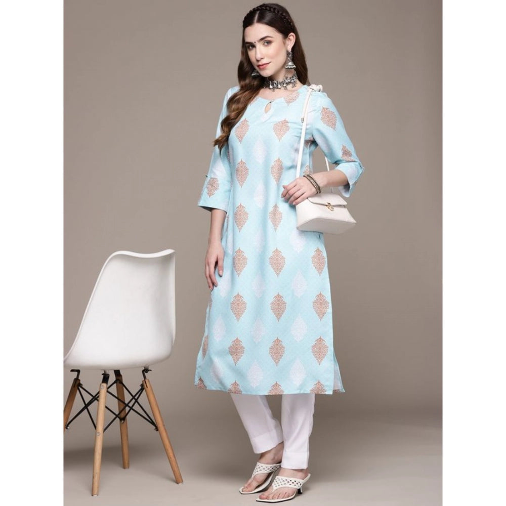 Shopper Beast Women's Casual 3-4Th Sleeve Ethnic Motifs Rayon Kurti And Pant Set (Sky Blue)