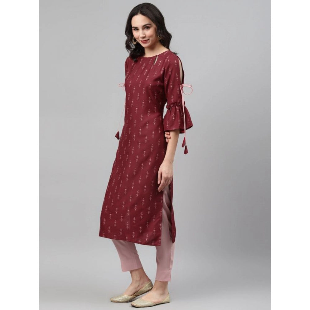 Shopper Beast Women's Casual 3-4Th Sleeve Ethnic Motifs Rayon Kurti And Pant Set (Maroon)