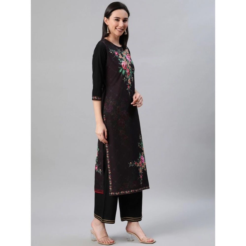 Shopper Beast Women's Casual 3-4Th Sleeve Floral Printed Crepe KurtiPalazzo And Dupatta Set (Black)