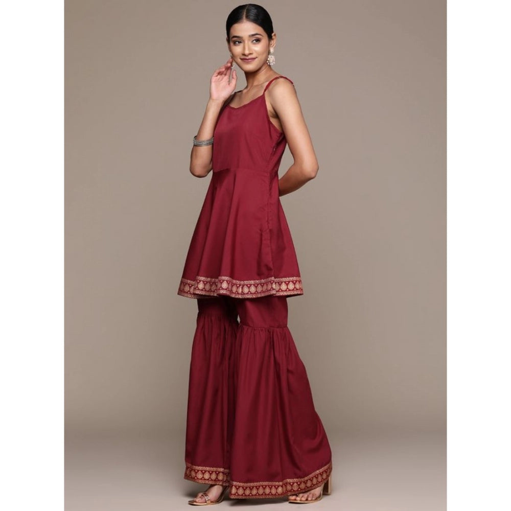 Shopper Beast Women's Casual Sleeveless Ethnic Motifs Crepe Kurti Sharara And Dupatta Set (Maroon)