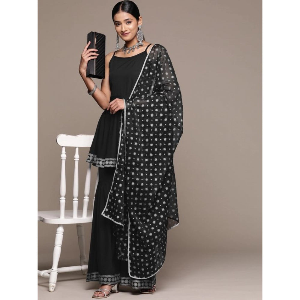 Shopper Beast Women's Casual Sleeveless Ethnic Motifs Crepe Kurti Sharara And Dupatta Set (Black)