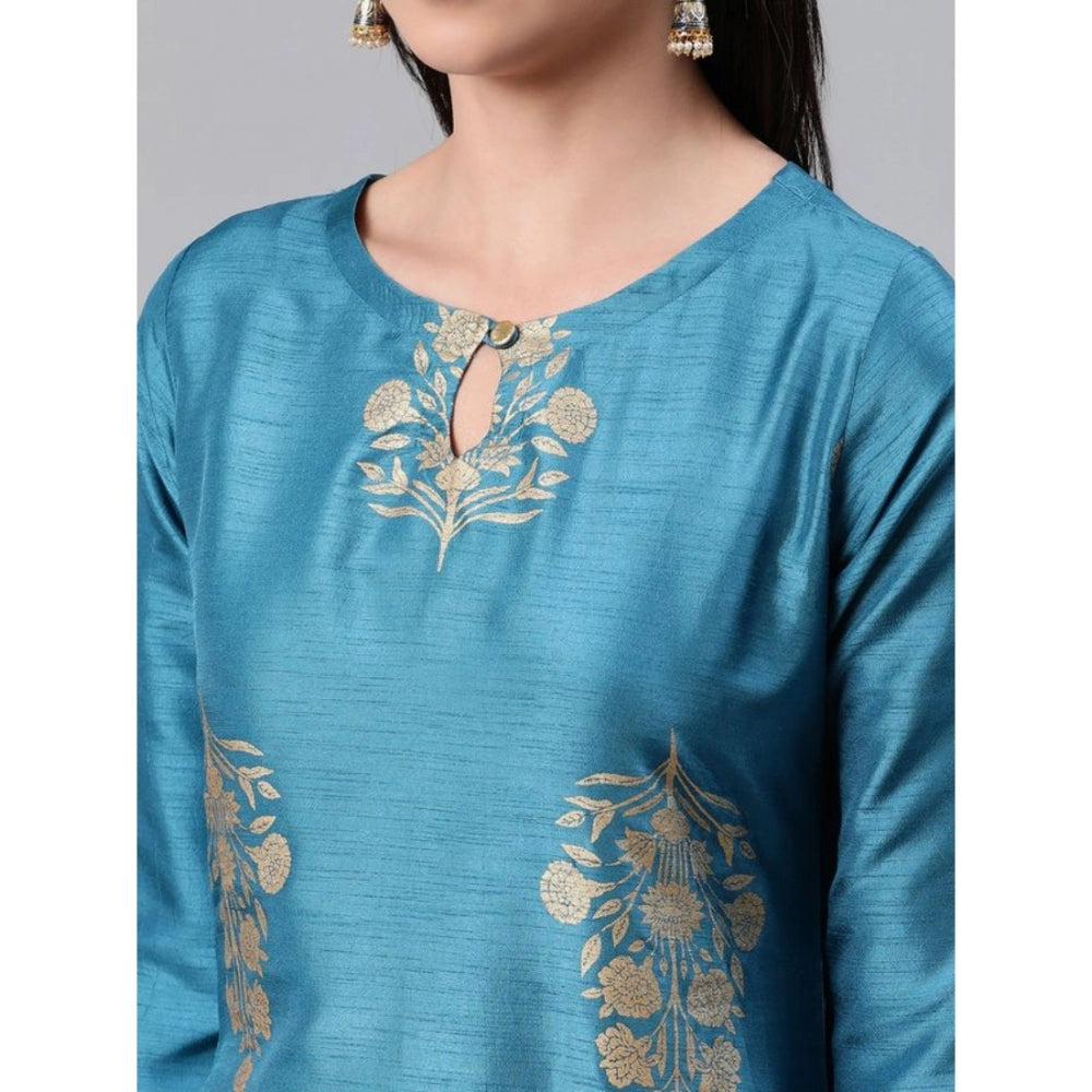 Shopper Beast Women's Casual 3-4Th Sleeve Ethnic Motifs Poly Silk Kurti Pant And Dupatta Set (Blue)