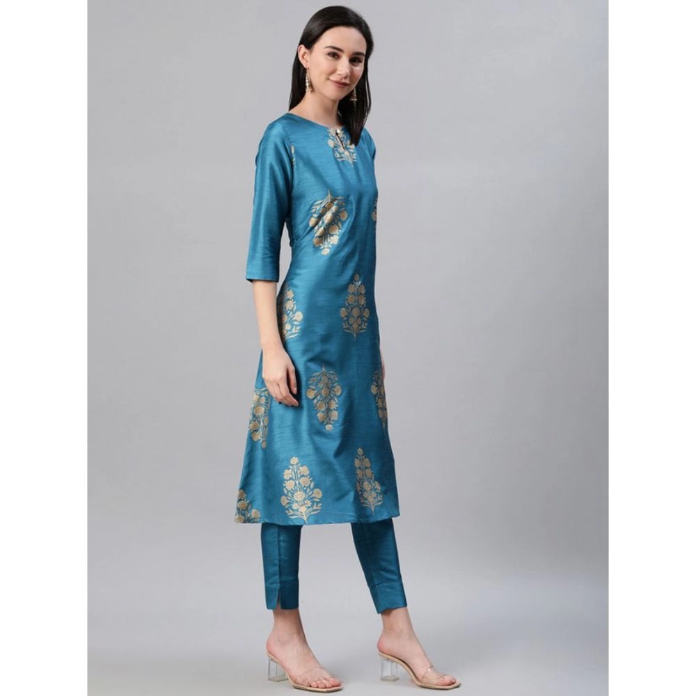 Shopper Beast Women's Casual 3-4Th Sleeve Ethnic Motifs Poly Silk Kurti Pant And Dupatta Set (Blue)