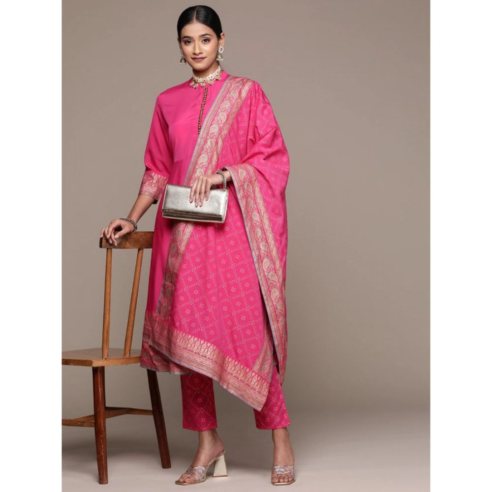 Shopper Beast Women's Casual 3-4Th Sleeve Ethnic Motifs Crepe Kurti Pant And Dupatta Set (Pink)