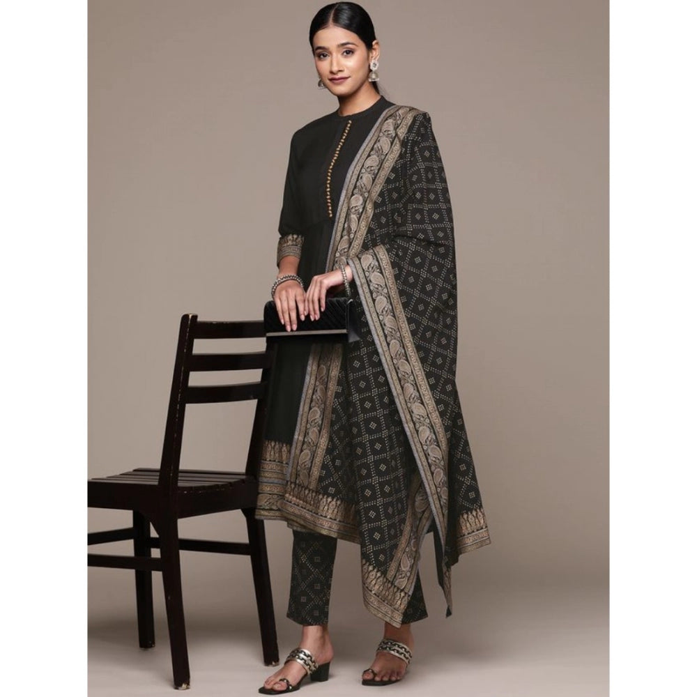 Shopper Beast Women's Casual 3-4Th Sleeve Ethnic Motifs Crepe Kurti Pant And Dupatta Set (Black)