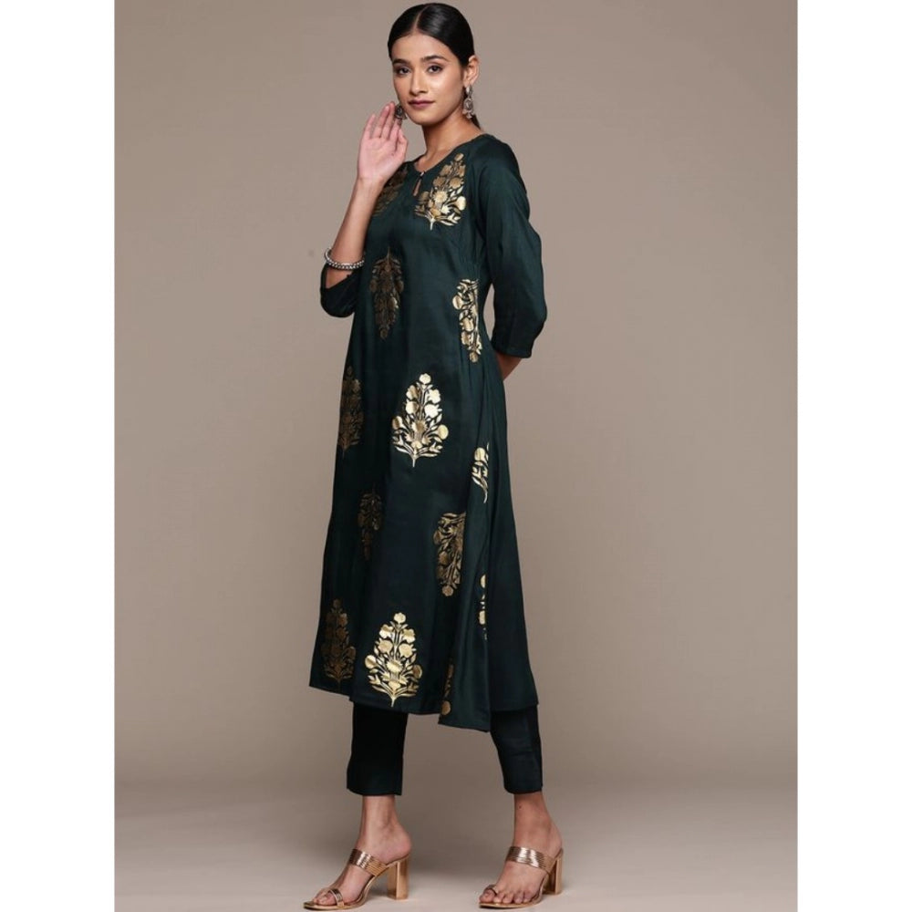 Shopper Beast Women's Casual 3-4Th Sleeve Ethnic Motifs Chinon Kurti Pant And Dupatta Set (Bottle Green)