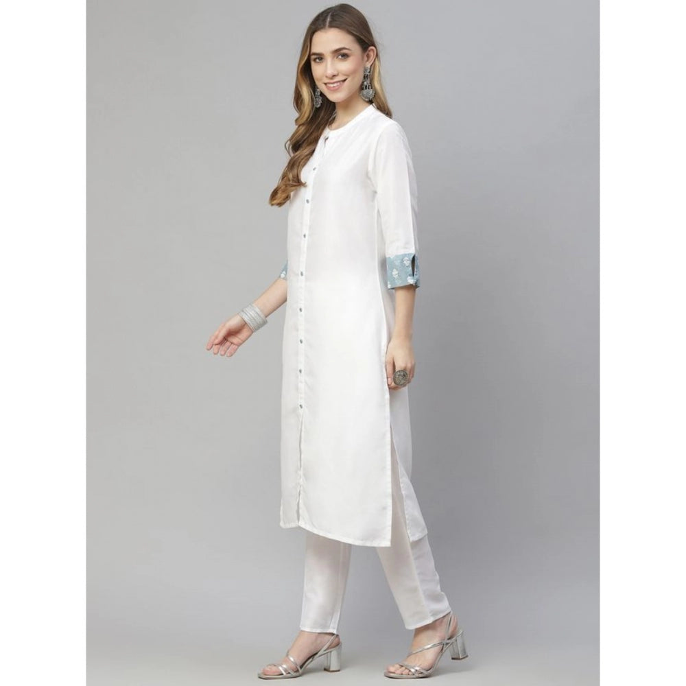 Shopper Beast Women's Casual 3-4Th Sleeve Solid Chinon Kurti Pant And Dupatta Set (White)