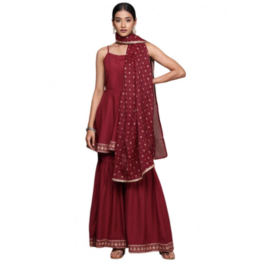 Shopper Beast Women's Casual Sleeveless Ethnic Motifs Crepe Kurti Sharara And Dupatta Set (Maroon)