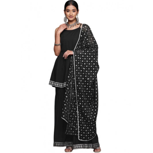 Shopper Beast Women's Casual Sleeveless Ethnic Motifs Crepe Kurti Sharara And Dupatta Set (Black)