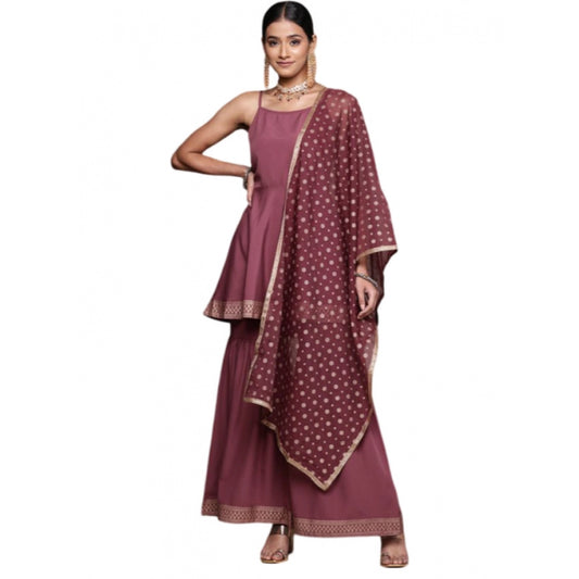 Shopper Beast Women's Casual Sleeveless Ethnic Motifs Crepe Kurti Sharara And Dupatta Set (Brown)