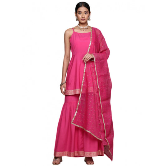 Shopper Beast Women's Casual Sleeveless Ethnic Motifs Crepe Kurti Sharara And Dupatta Set (Pink)