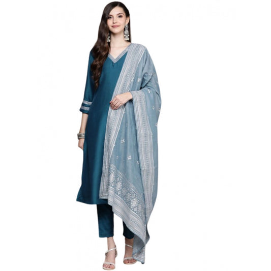 Shopper Beast Women's Casual 3-4Th Sleeve Mughal Stripe Design Chinon Kurti Pant And Dupatta Set (Teal Blue)