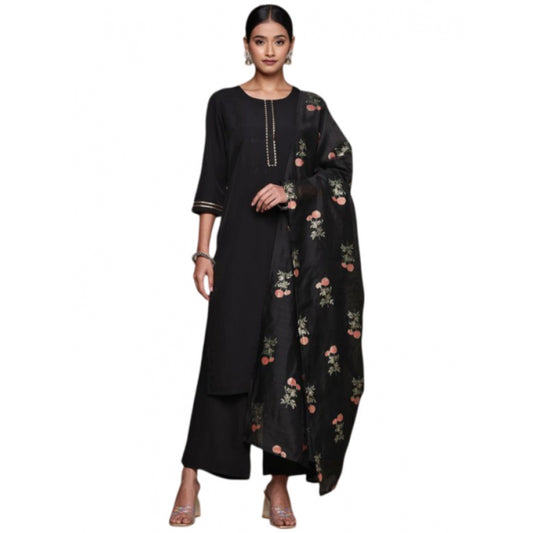 Shopper Beast Women's Casual 3-4Th Sleeve Ethnic Motifs Crepe Kurti Palazzo And Dupatta Set (Black)