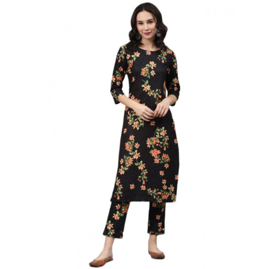 Shopper Beast Women's Casual 3-4Th Sleeve Floral Printed Rayon Kurti And Pant Set (Black)