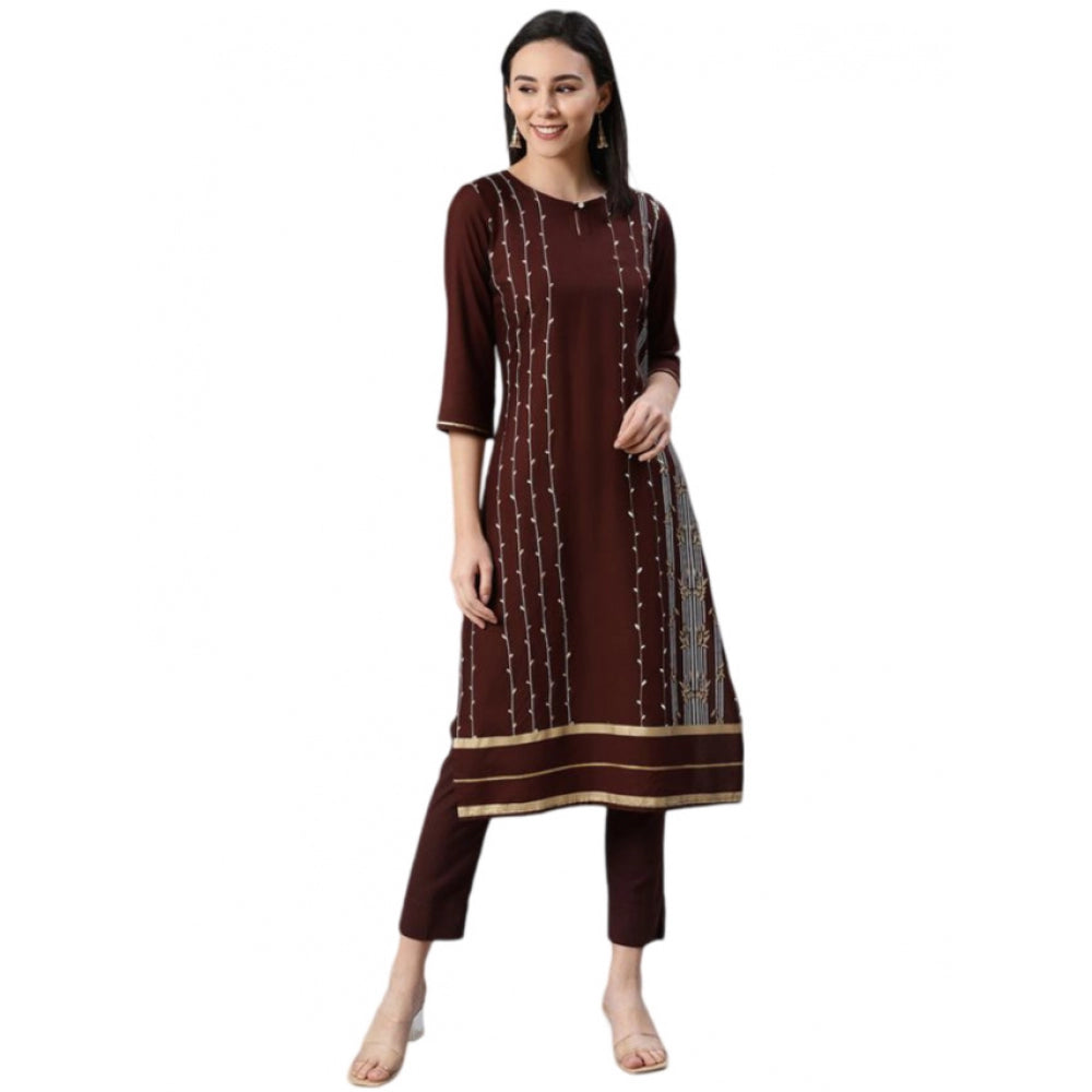 Shopper Beast Women's Casual 3-4Th Sleeve Ethnic Motifs Rayon Kurti And Pant Set (Brown)