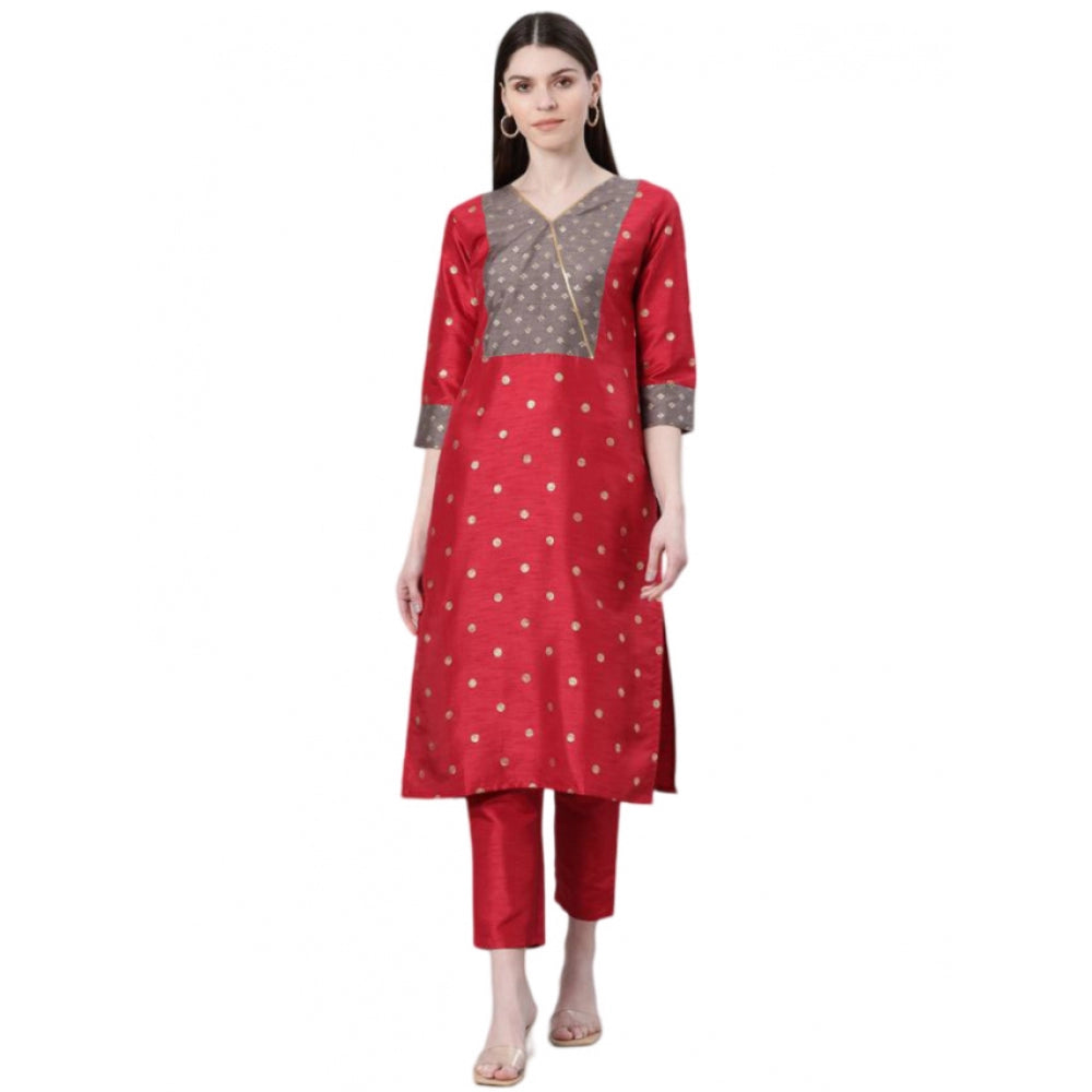 Shopper Beast Women's Casual 3-4Th Sleeve Ethnic Motifs Poly Silk Kurti And Pant Set (Red)