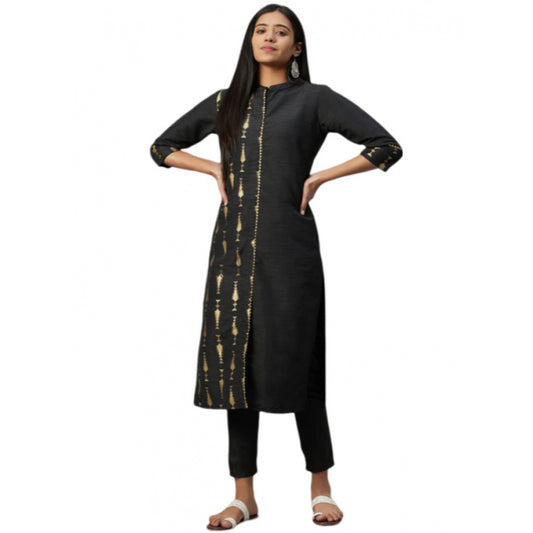 Shopper Beast Women's Casual 3-4Th Sleeve Ethnic Motifs Poly Silk Kurti and Pant Set (Black)