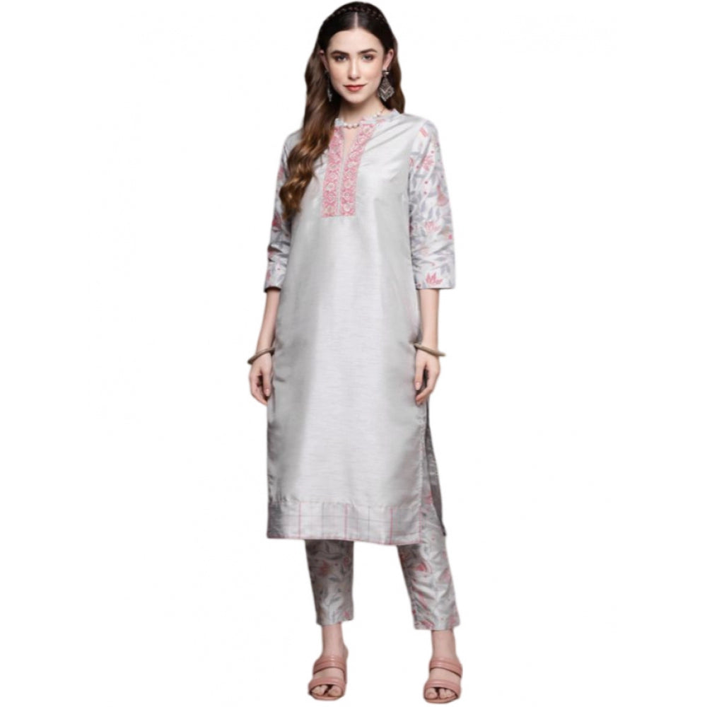 Shopper Beast Women's Casual 3-4Th Sleeve Solid Poly Silk Kurti and Pant Set (Light Grey)