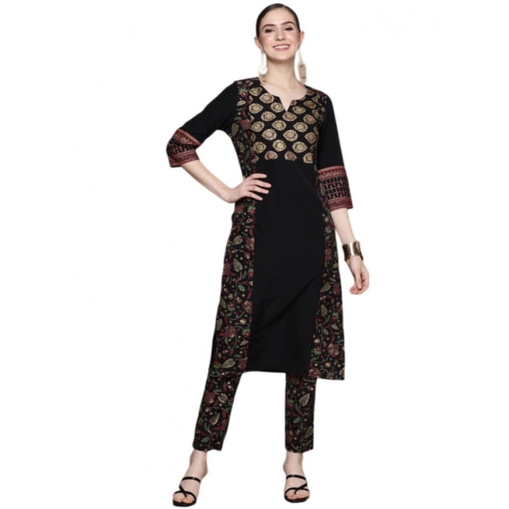 Shopper Beast Women's Casual 3-4Th Sleeve Ethnic Motifs Crepe Kurti And Pant Set (Black)