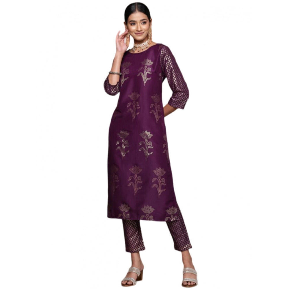 Shopper Beast Women's Casual 3-4Th Sleeve Floral Printed Chinon Kurti and Pant Set (Purple)