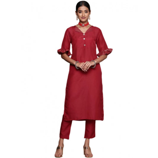 Shopper Beast Women's Casual Half Sleeve Solid Chinon Kurti and Pant Set (Maroon)