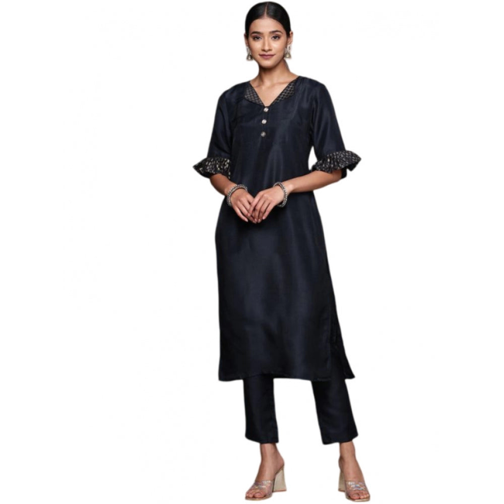 Shopper Beast Women's Casual Half Sleeve Solid Chinon Kurti and Pant Set (Navy Blue)