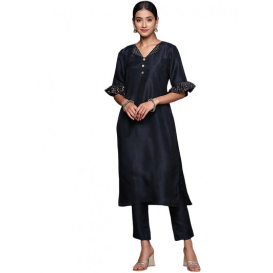 Shopper Beast Women's Casual Half Sleeve Solid Chinon Kurti and Pant Set (Navy Blue)