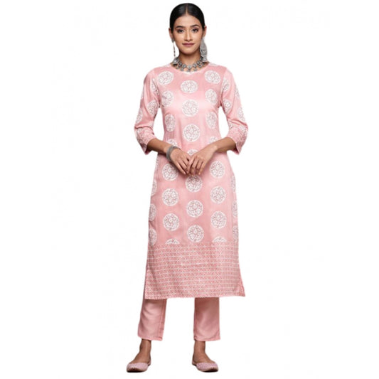 Shopper Beast Women's Casual 3-4Th Sleeve Floral Printed Chinon Kurti and Pant Set (Peach)