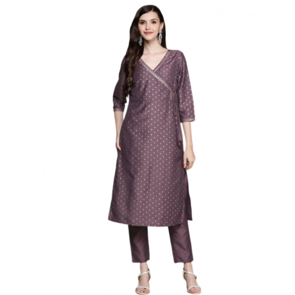 Shopper Beast Women's Casual 3-4Th Sleeve Small Butti Chinon Kurti And Pant Set (Purple)