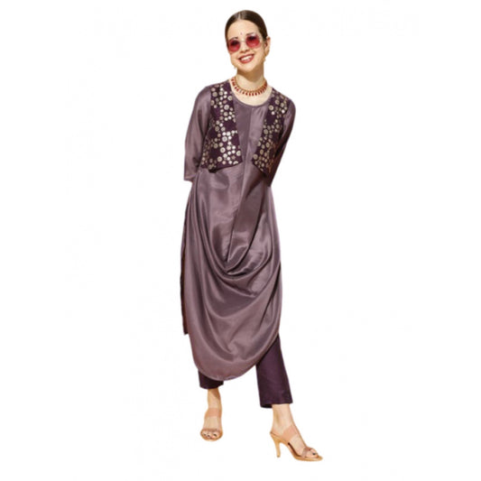 Shopper Beast Women's Casual 3-4Th Sleeve Solid Chinon Kurti And Pant Set (Purple)