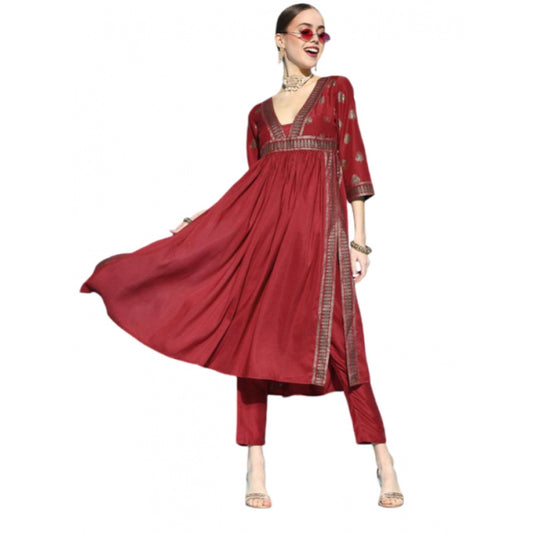 Shopper Beast Women's Casual 3-4Th Sleeve Floral Printed Chinon Kurti And Pant Set (Maroon)