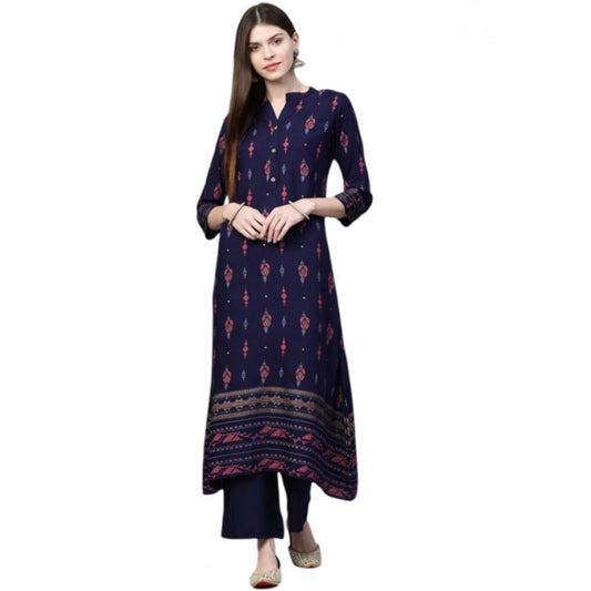 Shopper Beast Women's Casual 3-4Th Sleeve Ikkat Rayon Kurti and Palazzo Set (Navy Blue)