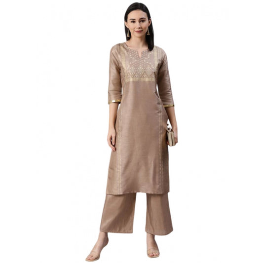 Shopper Beast Women's Casual 3-4Th Sleeve Ethnic Motifs Poly Silk Kurti And Palazzo Set (Brown)