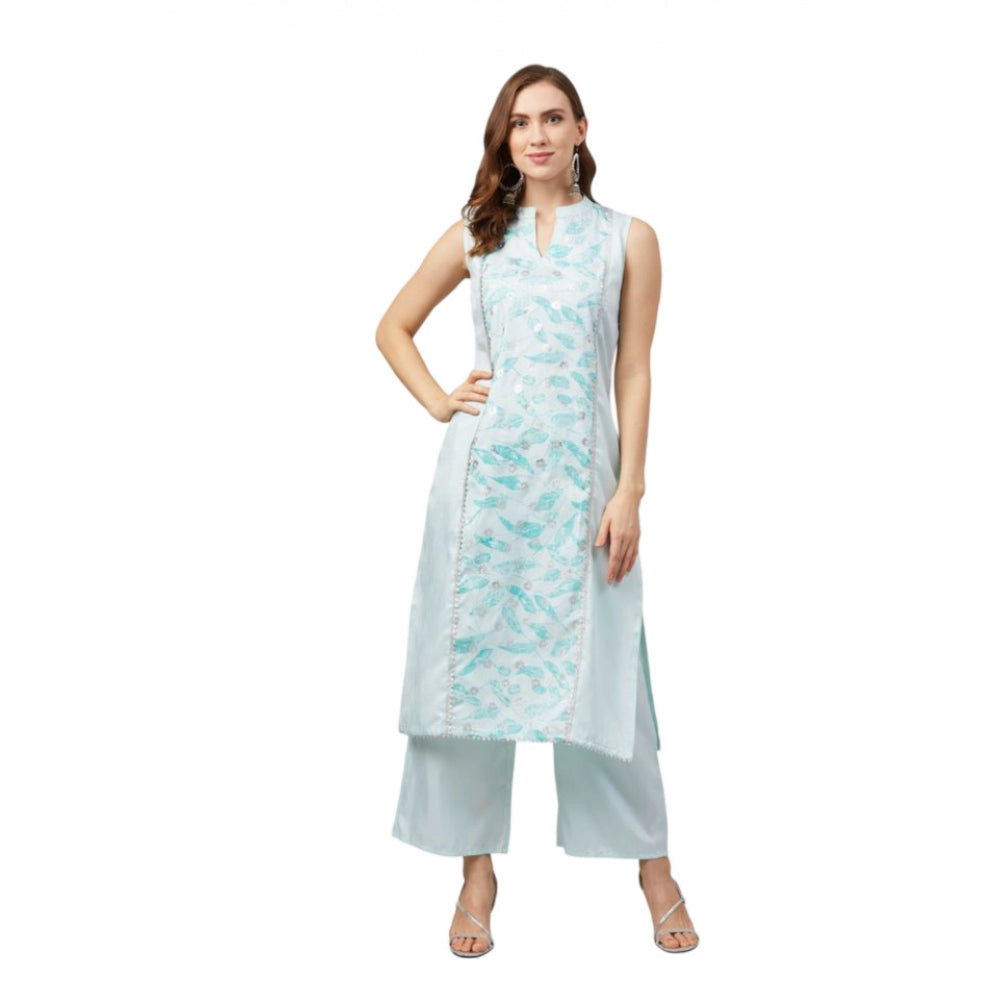 Shopper Beast Women's Casual Sleeveless Abstract Poly Silk Kurti And Palazzo Set (Off White)